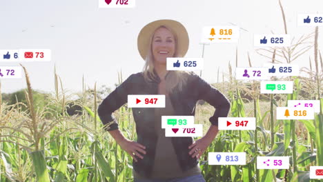 notificaciones de las redes sociales animación sobre la mujer de pie en el campo de maíz