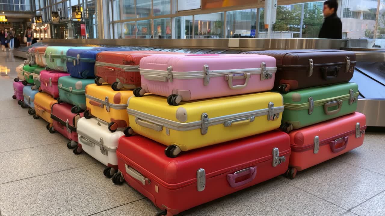 Uma Coleção Vibrante de Malas Coloridas Empilhadas Organicamente na Área de Retirada de Bagagem do Aeroporto, Exibindo uma Variedade de Estilos e Cores em um Ambiente de Viagem Moderno