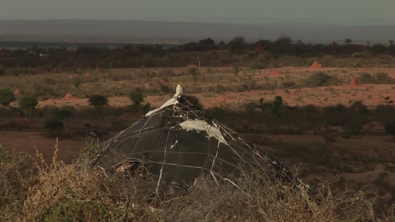 A Borana pastoral landscape in southern Ethiopia with a domed mobile hut in the foreground and numerous red termite mounds dotting the semi‑arid savanna in the distance