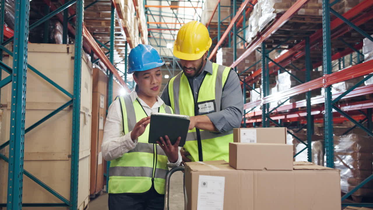 Magazijnmedewerkers inspecteren inventaris met een tablet