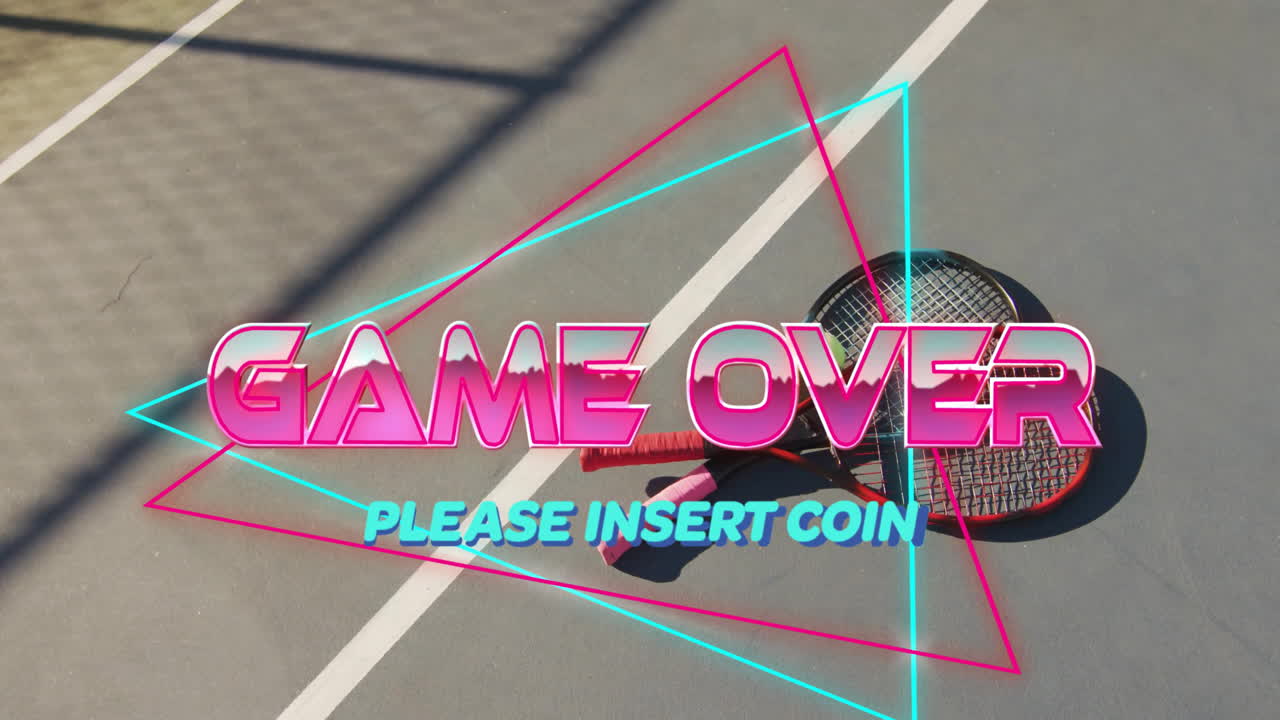 Tennis rackets crossing court while neon-pink GAME OVER and cyan PLEASE INSERT COIN flashing