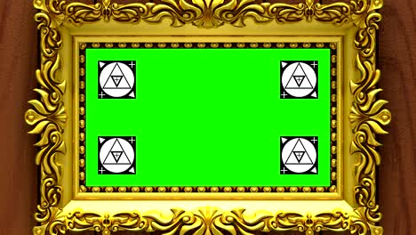 cámara zoom en el marco de la imagen de oro en el fondo de madera marrón. marcadores de seguimiento de movimiento y pantalla verde incluidos. animación 3d.