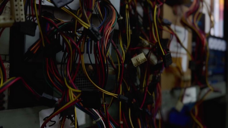 Colorful cables dangle from shelves