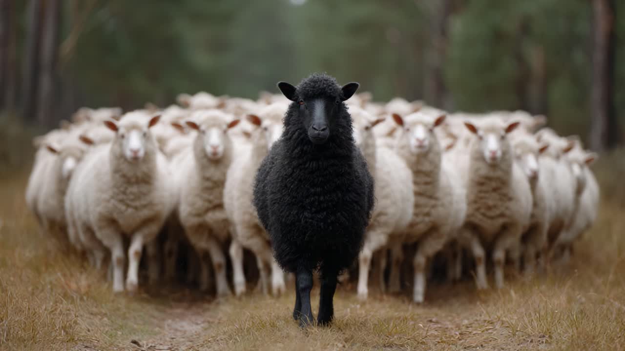 A Bold Black Sheep Stands Out Among a Flock of White Sheep in a Serene Forest Setting, Emphasizing Individuality and Contrast in Nature's Palette