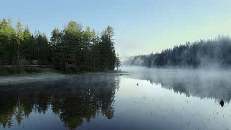 Tranquilo-Lago-Brumoso-Con-Reflejos-En-El-Agua