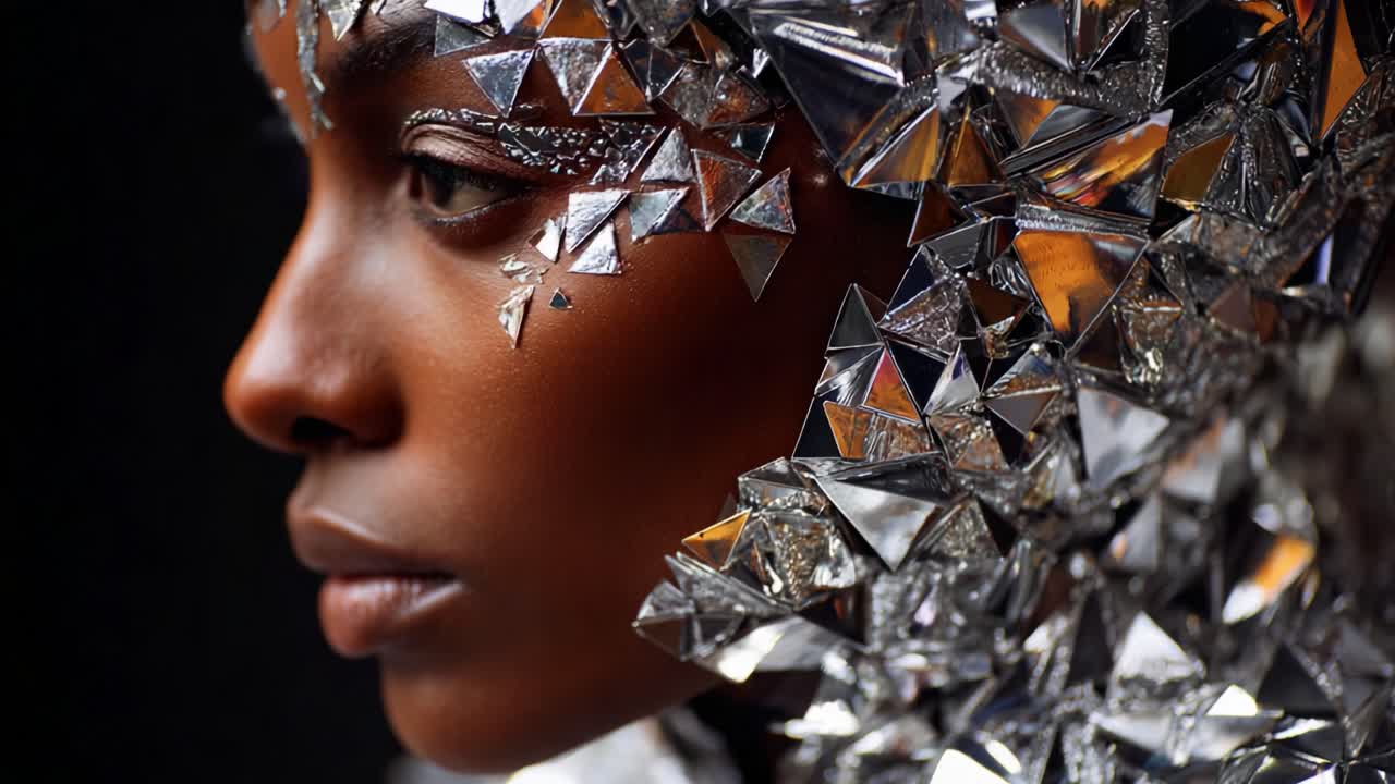 An Intricate Portrait of a Model Adorned with Illuminating Silver Pyramid Accessories Capturing the Essence of Futuristic Elegance and Artistic Expression in Modern Fashion