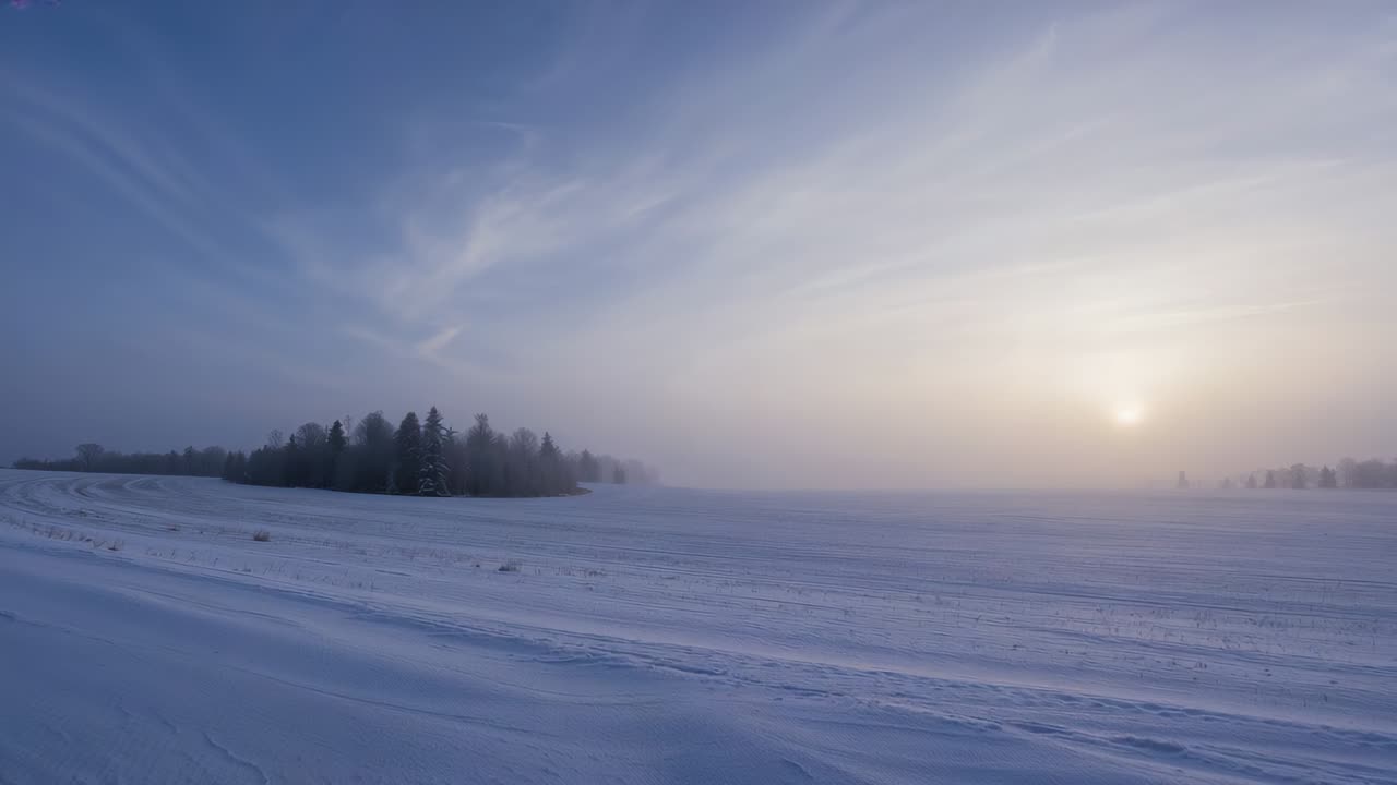 Breaking through mist sun brightening snow covered field and revealing furrows and grove on plain