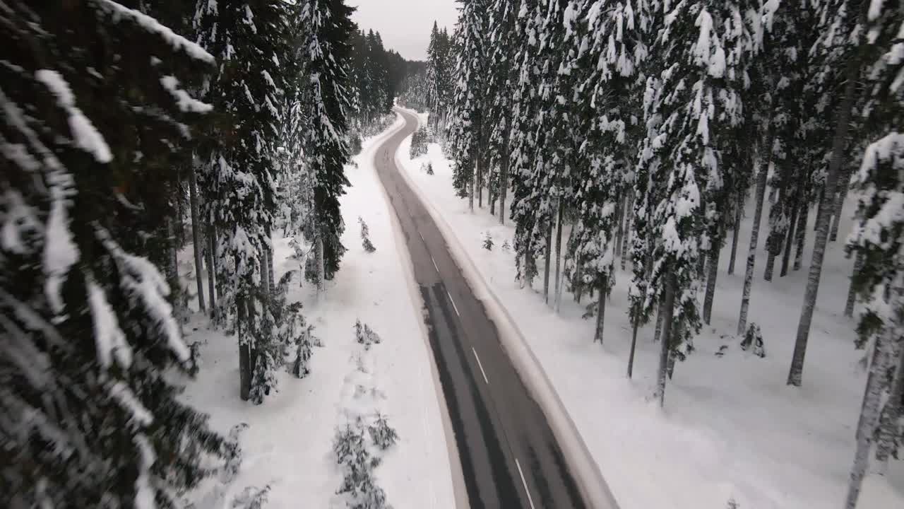 겨울 숲 풍경, 눈 덮힌 소나무와 깨끗한 도로의 빈 산길의 공중 전망