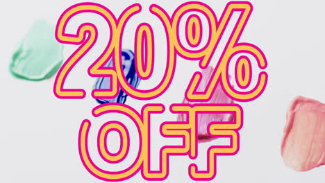 animation of 20 percent off text in orange over coloured paint dabs on white