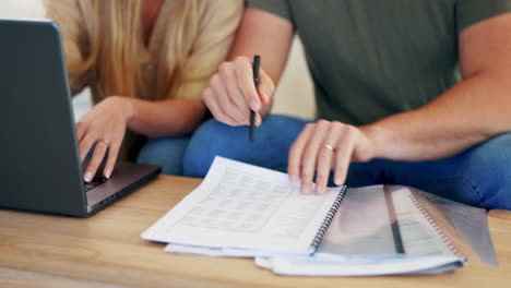 laptop, hands or couple with budget paperwork