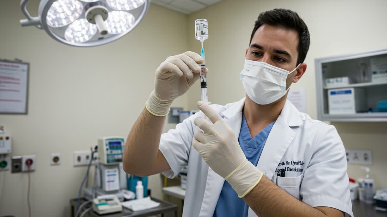 A medical professional prepares a syringe in a clinical setting, demonstrating precise technique and safety protocols for administering treatment to patients