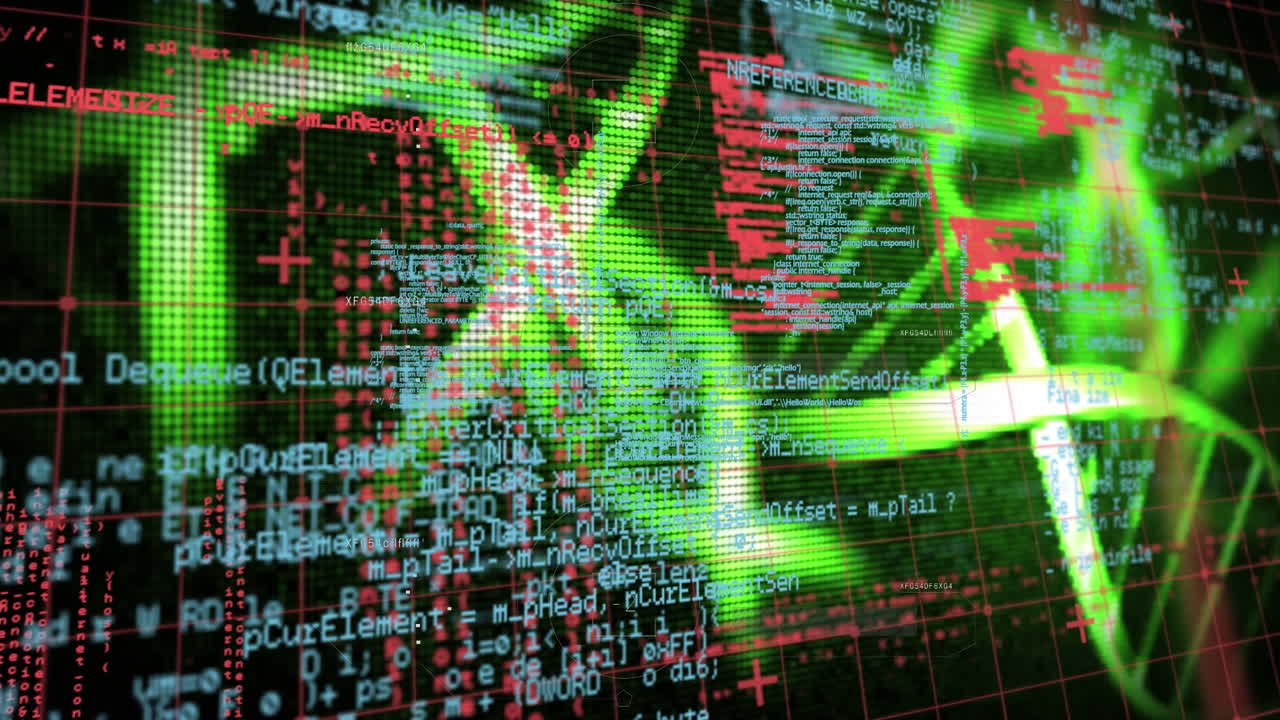 Animation of data processing over grid network against dna structures spinning on black background