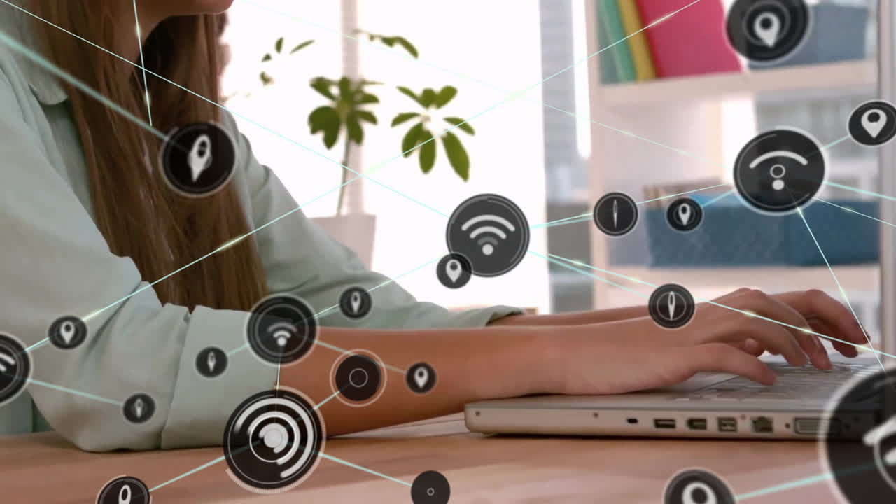 animación de la red de conexiones con iconos wifi sobre mujer de negocios caucásica en la oficina