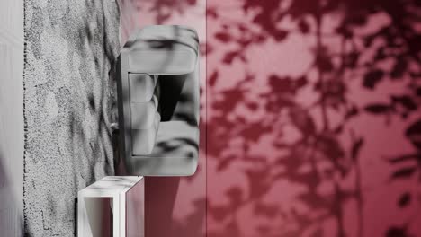 modern sofa next to marble side table against a red textured concrete and peach wall with shadow of tree branches. studio interior photography. interior design concept. design for poster. vertical