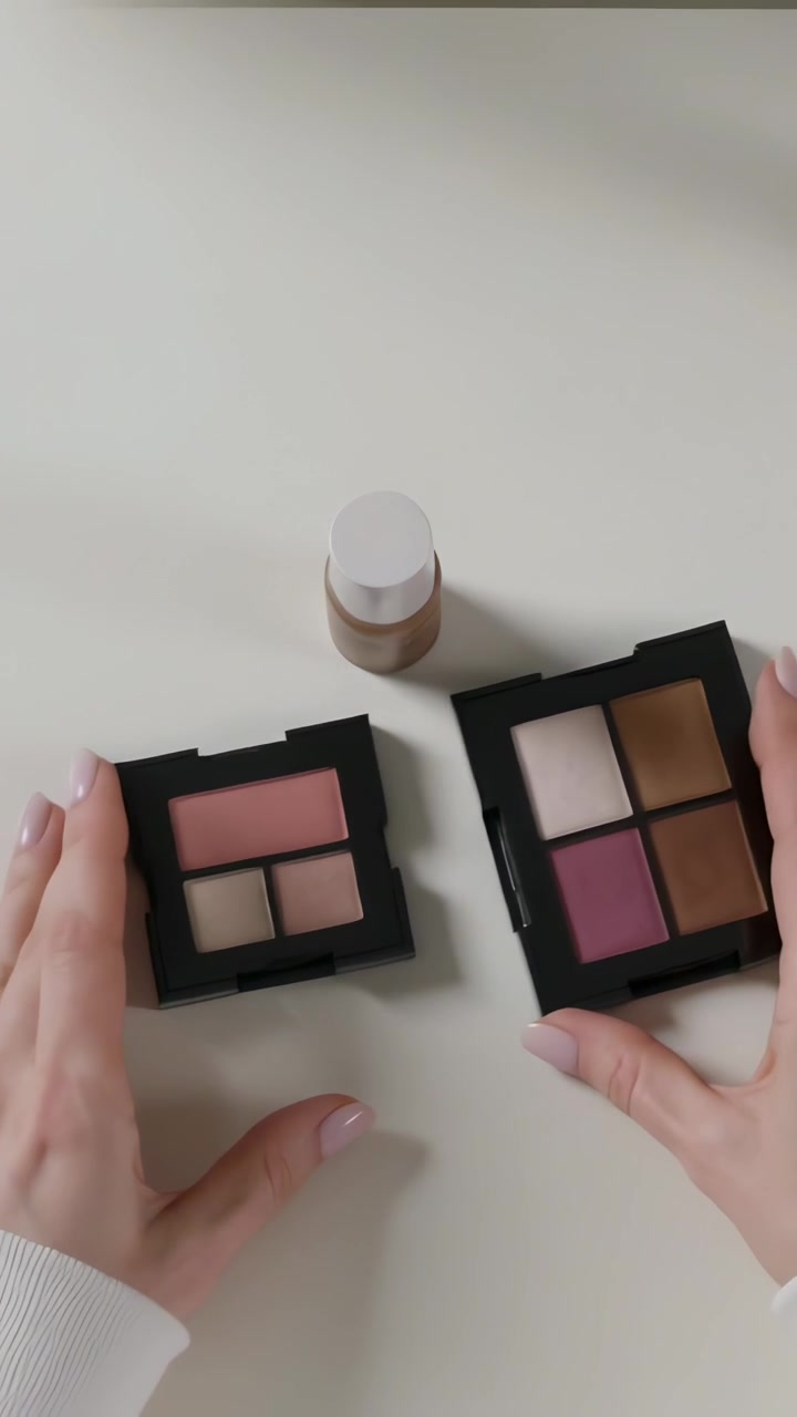 Vertical video: Reaching cuffed hands placing bottle between palettes on table arranging layout