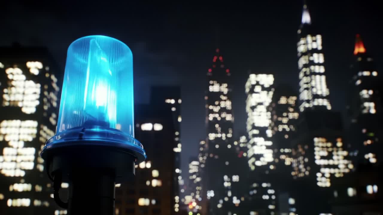 A Glowing Emergency Light Illuminates a Cityscape at Night, Casting a Bright Blue Hue on Skyscrapers and Urban Landscapes Below
