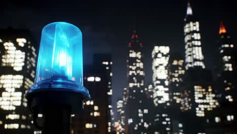 a glowing emergency light illuminates a cityscape at night, casting a bright blue hue on skyscrapers and urban landscapes below
