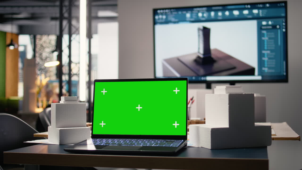 Minimalist office showcasing empty meeting area with copy space on laptop