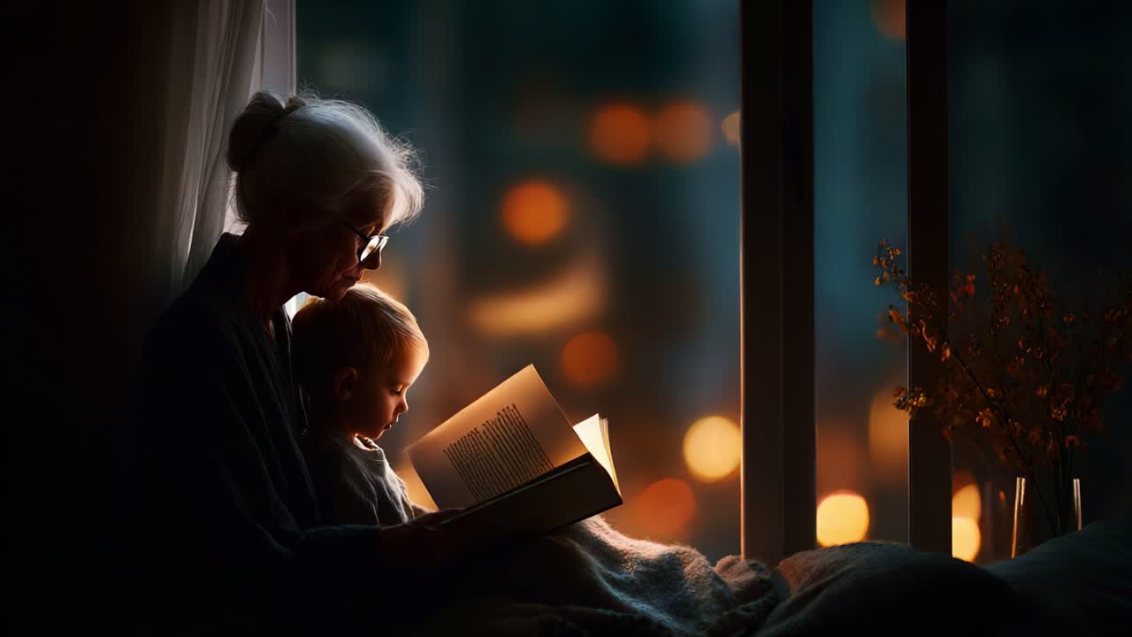 An Intimate Moment of Storytelling: A Grandmother Reading to Her Grandchild by the Window, Surrounded by Soft Light and Warmth on a Cozy Evening
