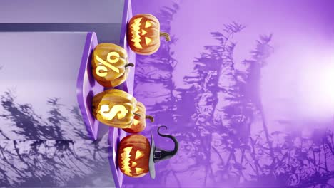 Halloween-themed-display-with-carved-pumpkins-on-platforms,-one-with-a-witch-hat-and-others-with-percentage-and-dollar-signs,-shadows-of-branches-on-a-purple-background-vertical