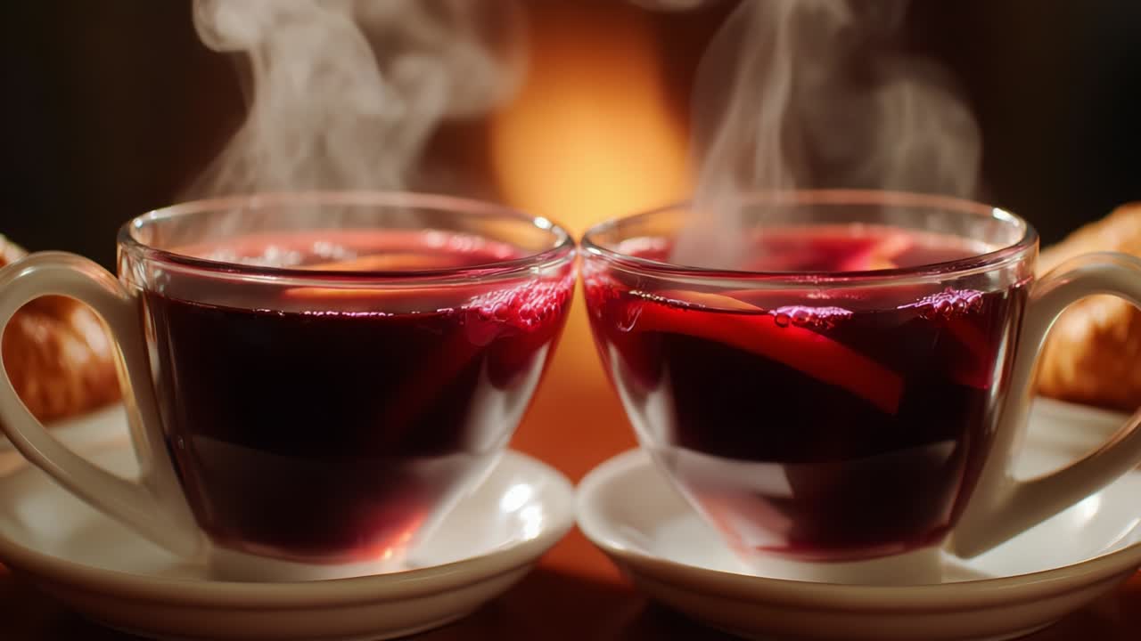 Warm and Inviting Beverage: Two Steaming Cups of Rich, Dark Liquid with Hints of Fruit, Perfectly Arranged on Small Plates Against a Cozy Background for That Comfortable Atmosphere