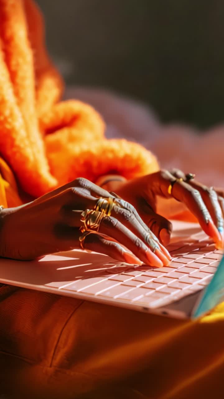 Person Typing on a Laptop in a Cozy Setting, Showcasing Stylish Rings and Colorful Textiles, Highlighting the Fusion of Technology and Fashion