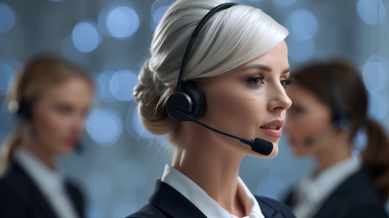 Wanita profesional mengenakan headset, fokus pada percakapan. Dia menatap ke depan, penuh perhatian, dengan ekspresi tenang dan terkumpul. Rekan kerja di latar belakang, sedikit buram, mengindikasikan lingkungan kerja tim.
