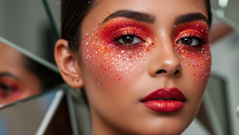 a stunning close-up of a model with glorious glitter makeup, showcasing a dazzling display of red and sparkle against a mirrored background
