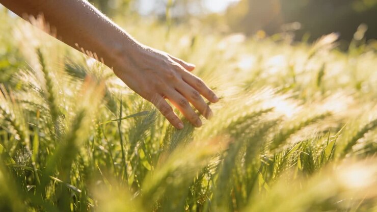 Vertical video: Gliding forearm and hand entering from left, stroking wheat stalks in sunlit field