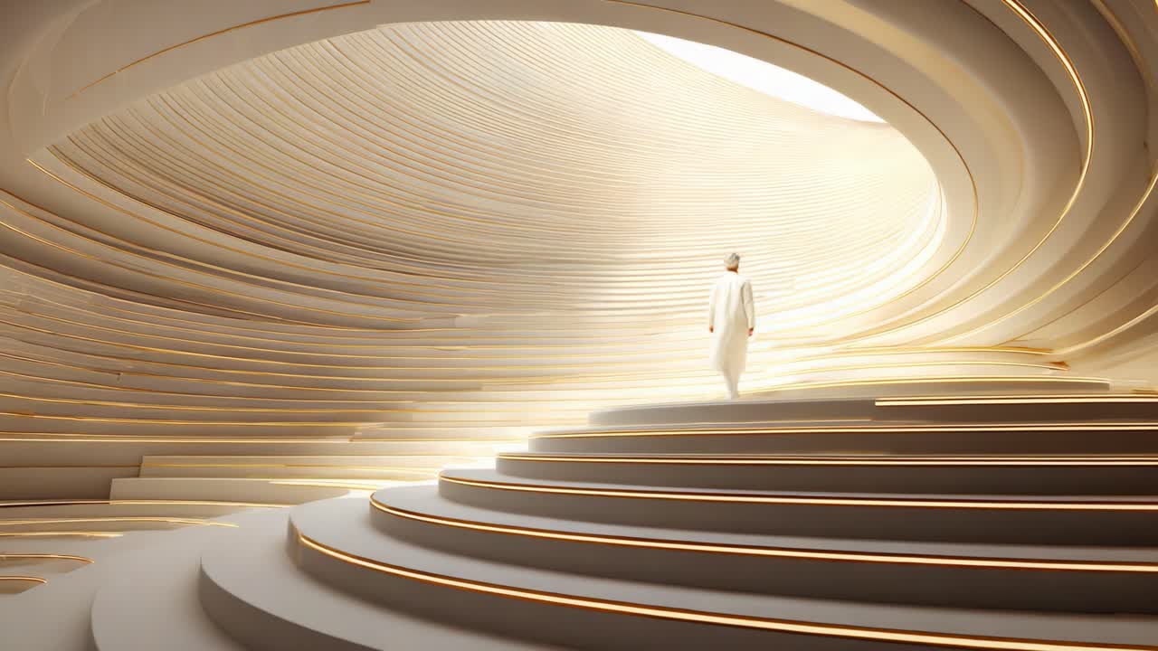 A solitary figure gracefully traverses a luminous spiral staircase that winds upward through a beautifully designed space, embodying a journey of introspection and enlightenment