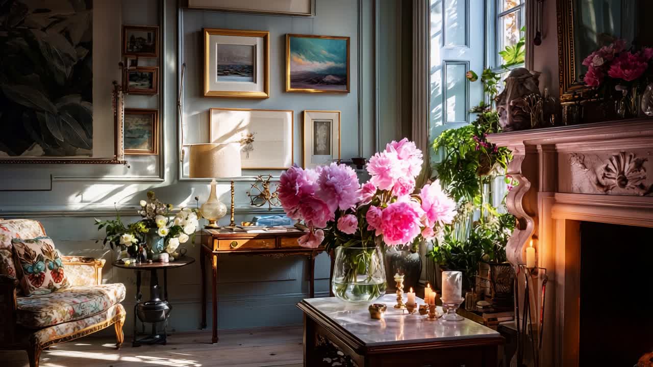 A Bright and Welcoming Living Room Filled with Beautiful Pink Peonies, Artistic Decor, and Natural Light, Creating a Cozy and Inviting Atmosphere for Relaxation and Inspiration