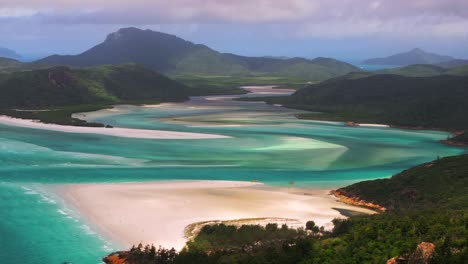 whitsundays islands whitehaven beach north end hill inlet lookout aerial drone picturesque sandy national park view sunny clouds summer spring scenic flight clear blue waters parallax circle right