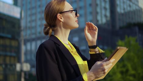 cheerful lawer business woman working using digital tablet