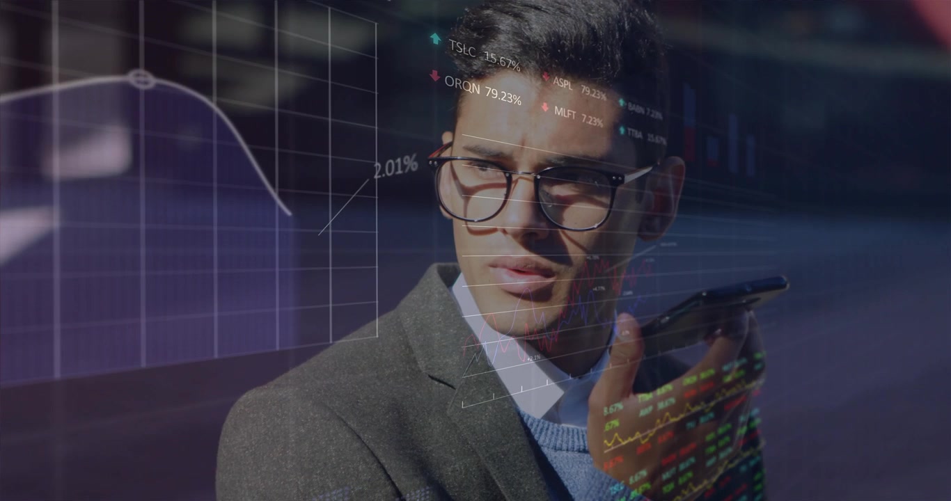 Business analyst holding smartphone near mouth in plaza, receiving animated stock data overlays