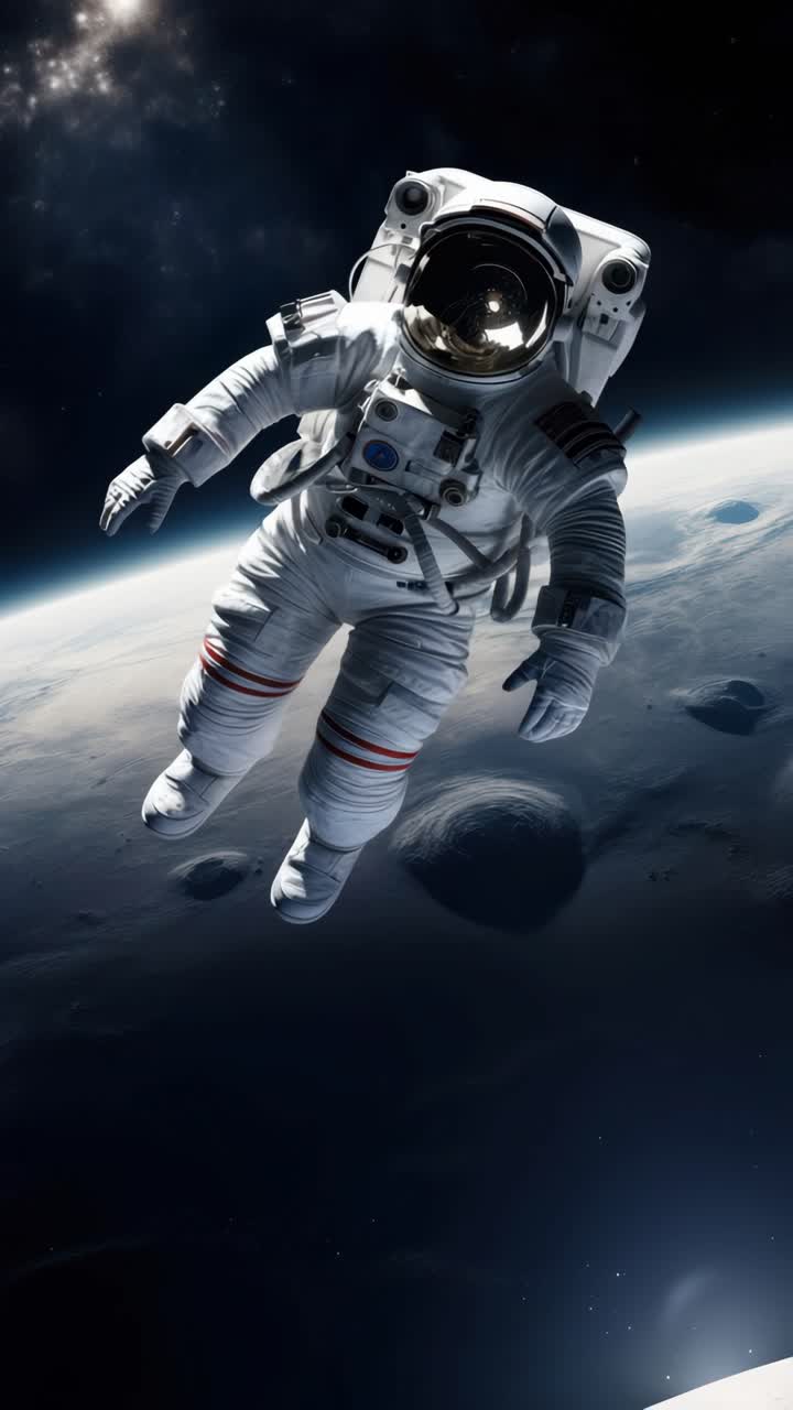 A video still of an astronaut floating in space above the moon, captured from a low-angle view