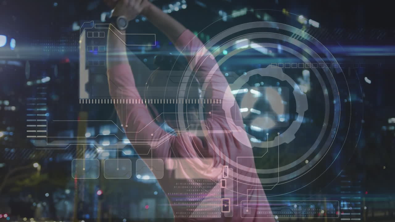 Woman raising arms at night skyline exploring technology with floating HUD charts node connections