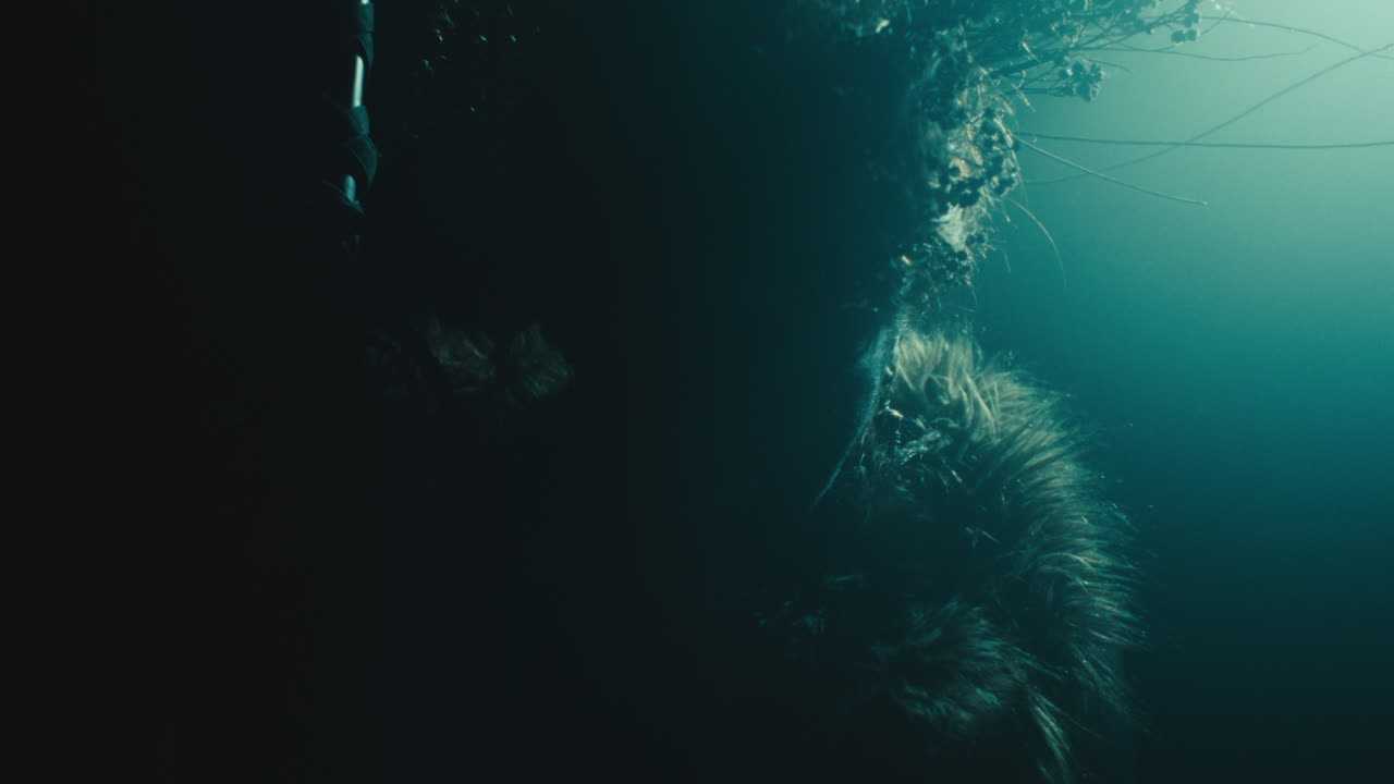 A creepy witch stands in the moody pose during the night storm