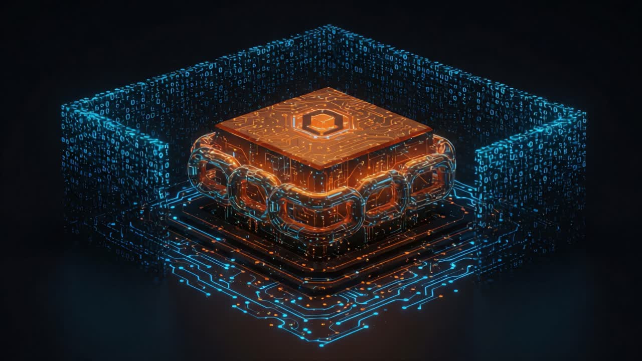 Futuristic Digital Circuit Featuring a Central Processing Unit Surrounded by Glowing Binary Code and Geometric Patterns Reflecting Advanced Technology