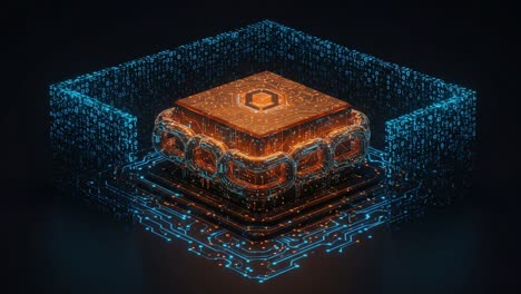 futuristic digital circuit featuring a central processing unit surrounded by glowing binary code and geometric patterns reflecting advanced technology