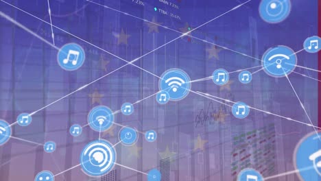 Animation-of-network-of-connections-with-icons-over-flag-of-eu-and-data-processing