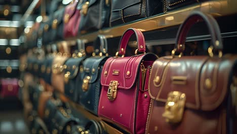 a display of luxury handbags in various colors at a store