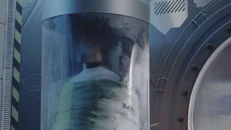 man in futuristic cryogenic stasis chamber