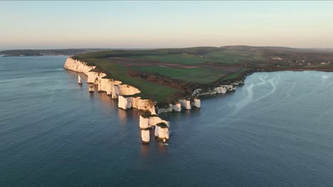 Wide-aerial-view-of-Old-Harrys-Rock,-Dorset,-England