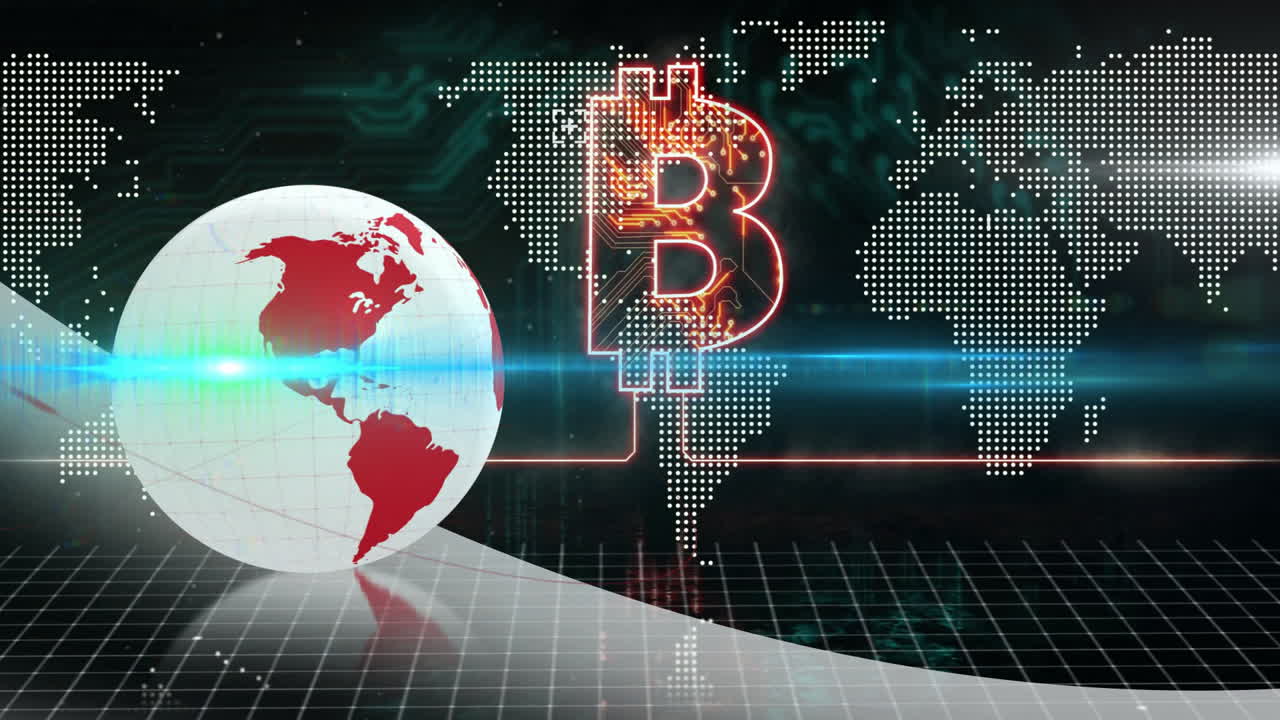 Bitcoin symbol glowing over digital map with red globe, showcasing animation