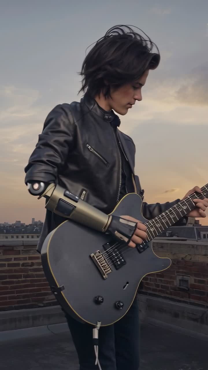 Gün Batımında Çatıda Elektro Gitar Çalan Protez Kollu Genç Adam