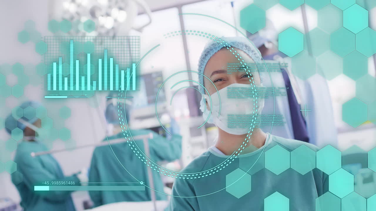 Animation of scope scanning and data processing over biracial female surgeon in operating theatre