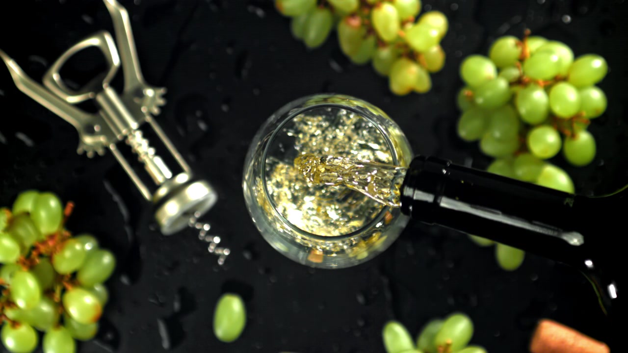 Versamento di vino bianco in un bicchiere al rallentatore con uva e cavatappi