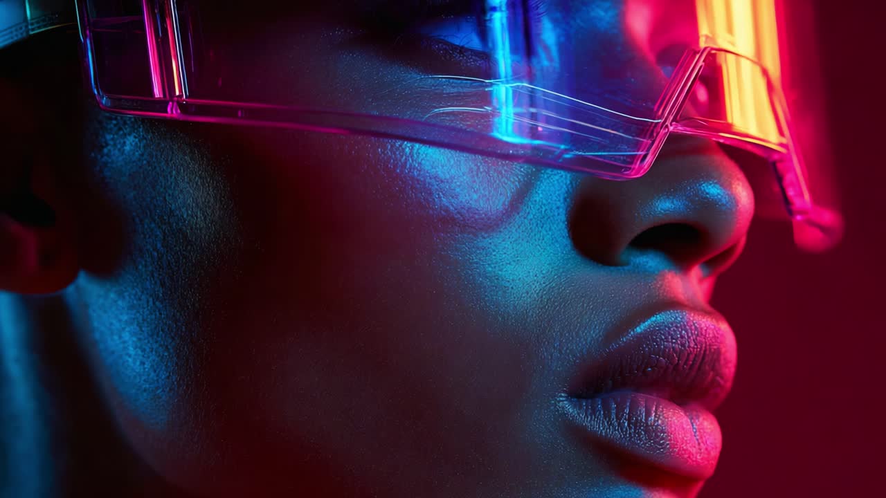 A Vibrant Portrait Revealing a Close-Up of a Person Wearing Futuristic Colorful Sunglasses Amidst Rich, Neon Lighting, Emphasizing Skin Texture and Unique Fashion Statement in a Striking Visual Composition
