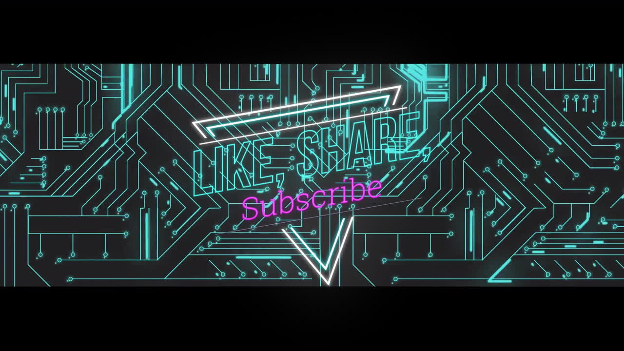 흑색 바탕에 회로판을 통해 텍스트와 데이터 처리를 좋아하고 공유하고 구독하는 애니메이션