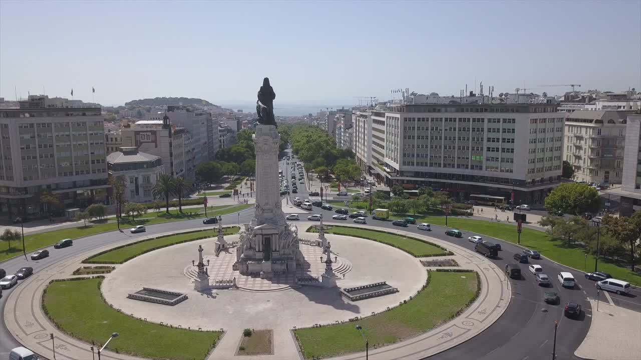hora del día ciudad de lisbona marqués de pombal plaza círculo de tráfico panorama 4k portugal